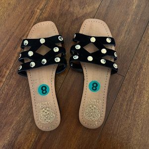 Vince Camuto sandals black suede cut out with gold accents